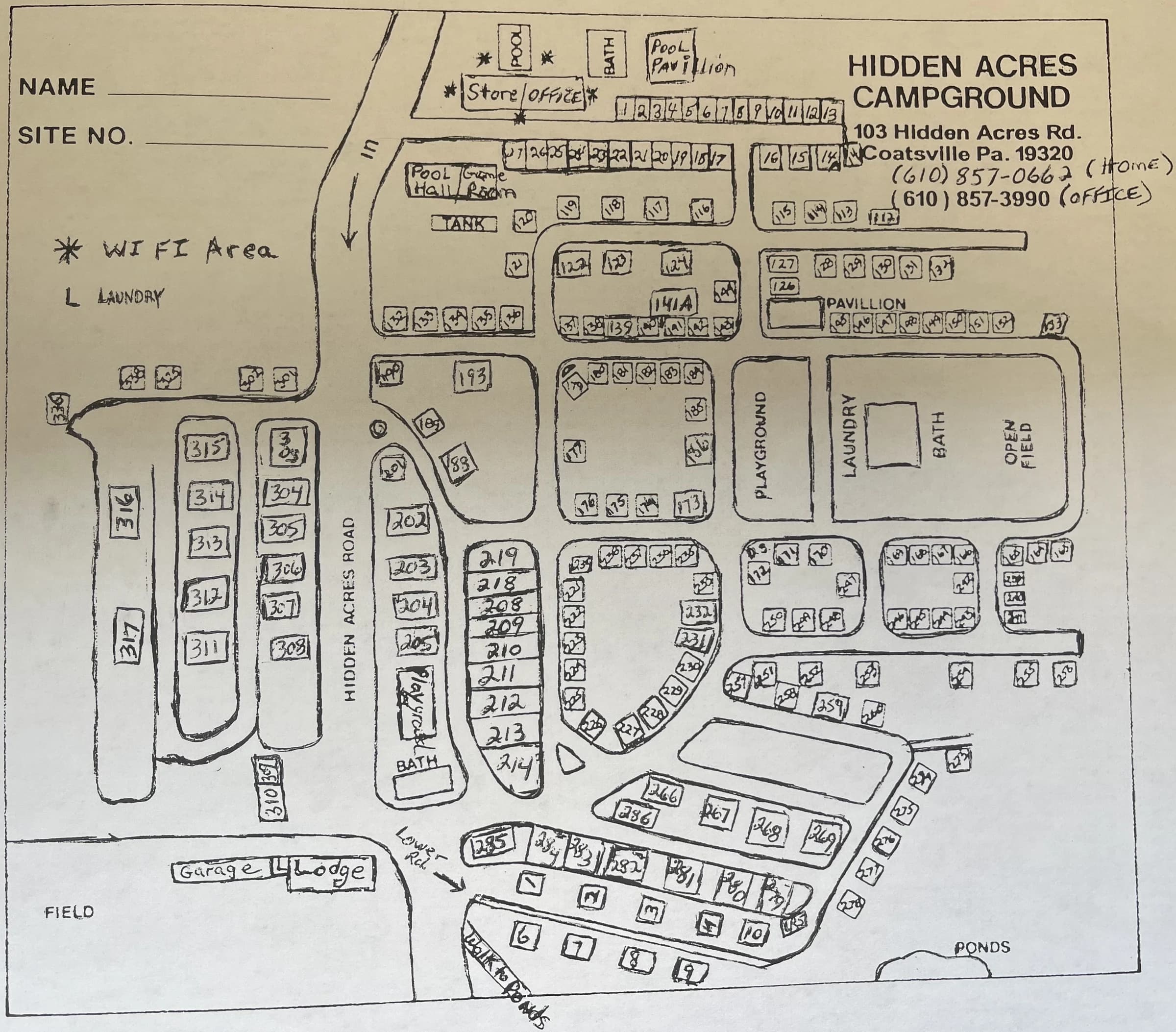 Hand-drawn map of Hidden Acres Campground showing campsites, roads, the pool, playground, laundry, bath houses, and open fields